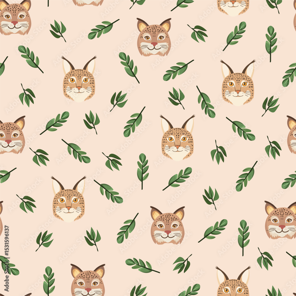 Fototapeta premium Lynx animal seamless pattern. Flat vector clipart, illustration with isolated background.