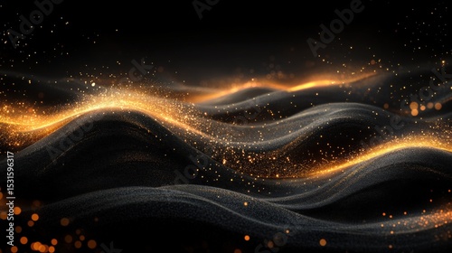 Golden Waves of Light in a Dark Background | Sparkling Abstract Design for Modern Decor