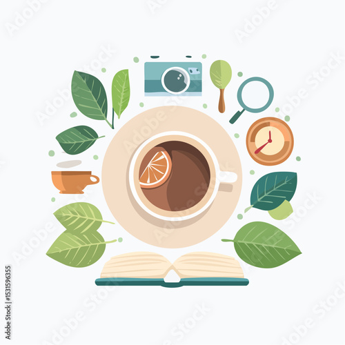 A stylized illustration featuring a cup of tea, leaves, and various objects.