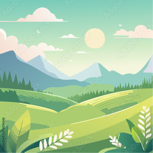 A vibrant landscape depicts rolling hills, mountains, and a bright sun in a serene environment.