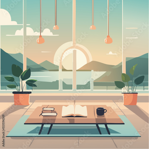 Cozy interior scene with a book, coffee, and plants against a scenic mountain and lake view through a large window.