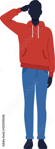 Man standing and saluting wearing red hoodie and blue pants casual posture vector illustration 