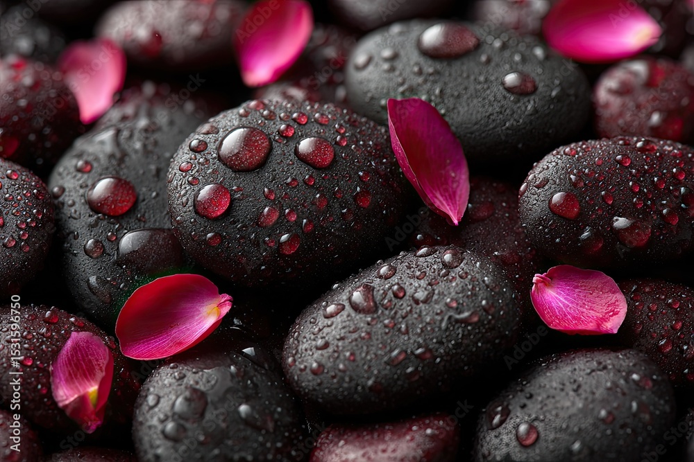 Dark stones, water droplets, and pink rose petals. Close-up view Dark stones, water droplets, and pink rose petals. Close-up view
