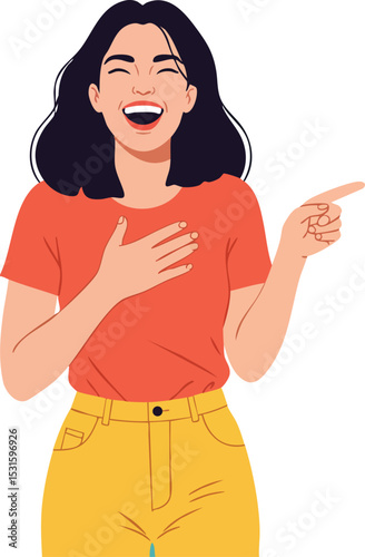 Happy woman laughing and pointing with hand on chest in orange shirt and yellow pants vector illustration 