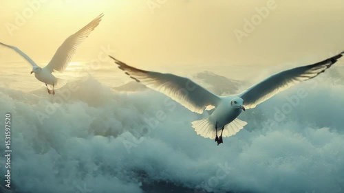 A serene sunset casts golden hues over dynamic waves as seagulls soar above the water, embodying freedom and beauty in nature's embrace at the coast.