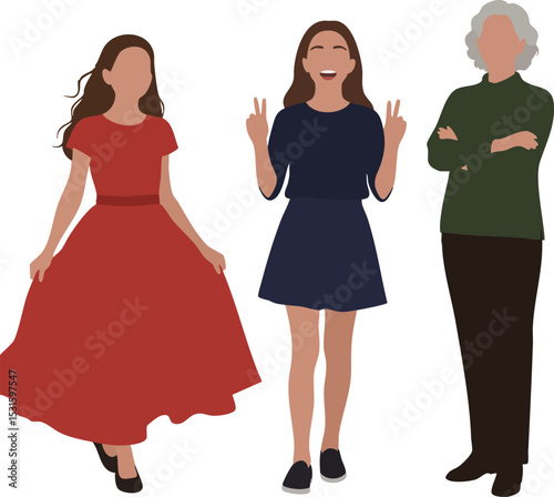 Diverse three women different ages wearing casual and dress clothes standing and posing with happy expressions vector illustration 
