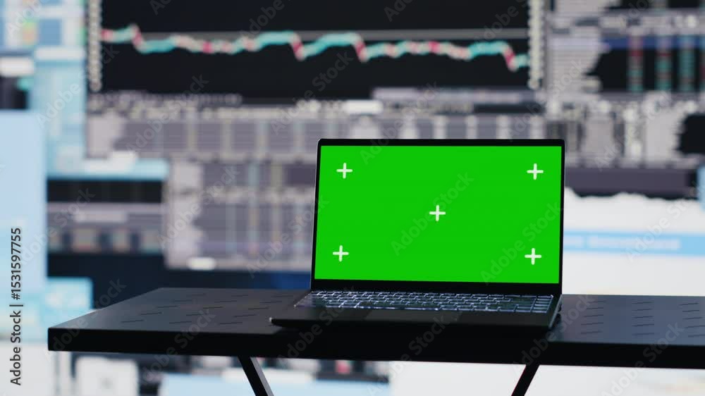 In a business finance space, pc screen showing isolated chroma key to help the strategy planning with financial trends. Representing high tech artificial intelligence and productivity. Camera A.