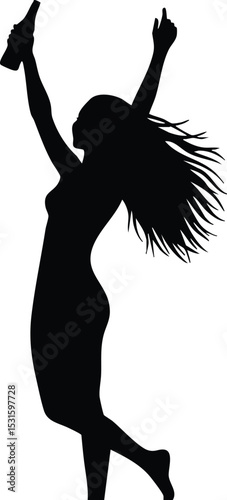 Silhouette of woman dancing with bottle celebrating joy and freedom vector illustration 