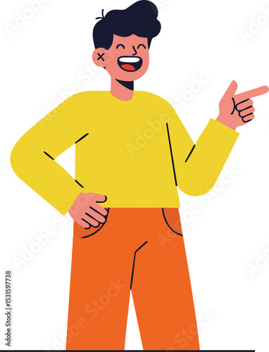 Young man pointing finger wearing yellow sweater and orange pants cheerful expression vector illustration 