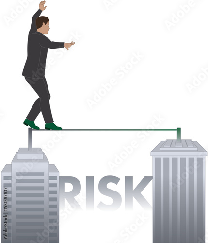 business man walking along tightrope symbolizing the balance of the risk between safety and reward high above isolated on a white background