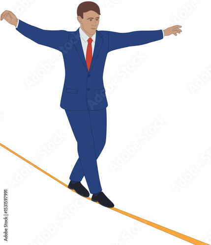business man walking along tightrope symbolizing the balance between risk and success high above isolated on a white background