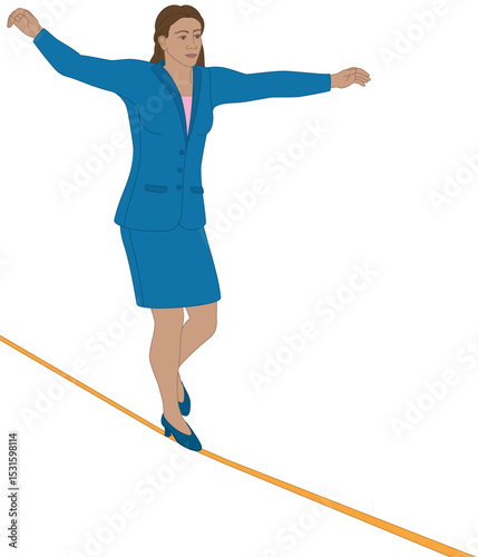 business woman walking along tightrope symbolizing the balance between risk and success high above isolated on a white background