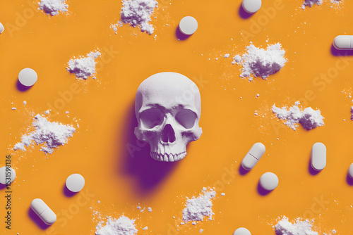 Purple pills scattered on a yellow background. Overdose awareness, addiction treatment, and medicine concept.