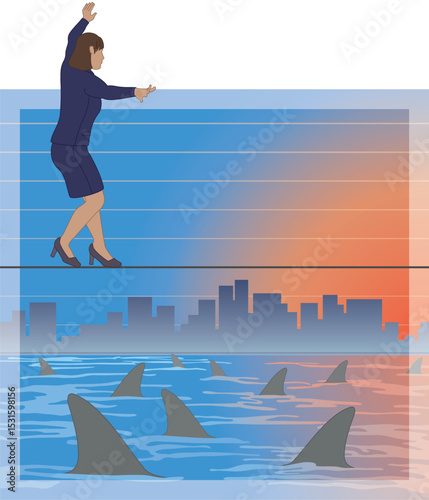 business woman walking along tightrope over a sea of sharks symbolizing the concept of balancing crisis and fear