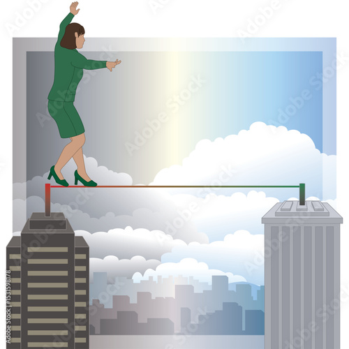 business woman walking along tightrope using the transition from stormy sky to calm blue sky symbolizing the balance of risk and reward high above the city skyline