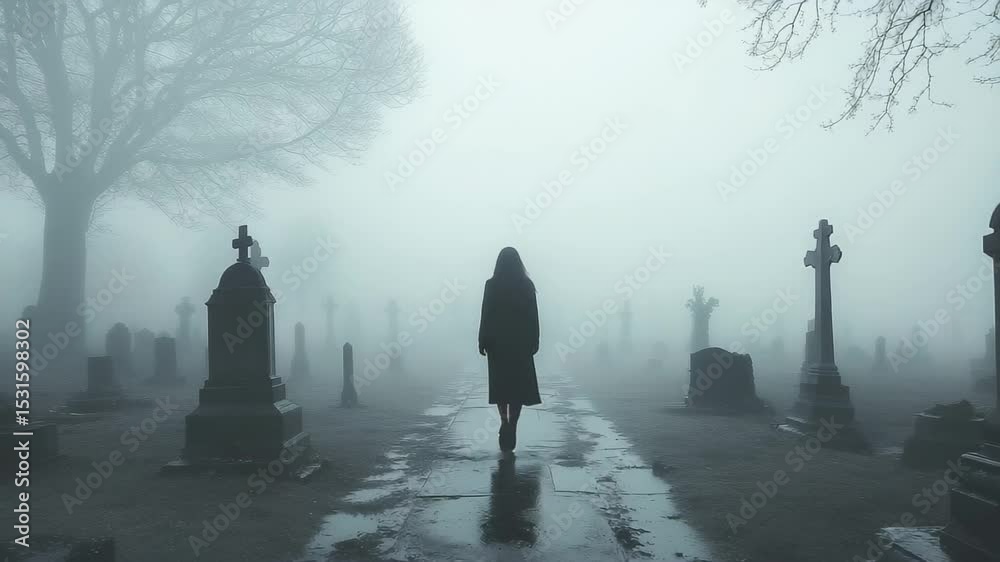 A solitary figure walks amidst ancient gravestones shrouded in thick mist, creating an unsettling yet captivating atmosphere in the graveyard. The soft sounds of nature murmur in the distance.