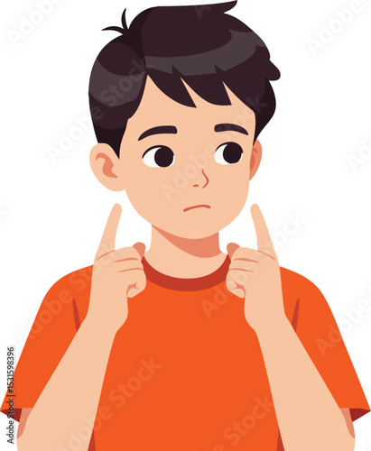 Boy with orange shirt making thoughtful expression with fingers pointing to cheeks vector illustration 