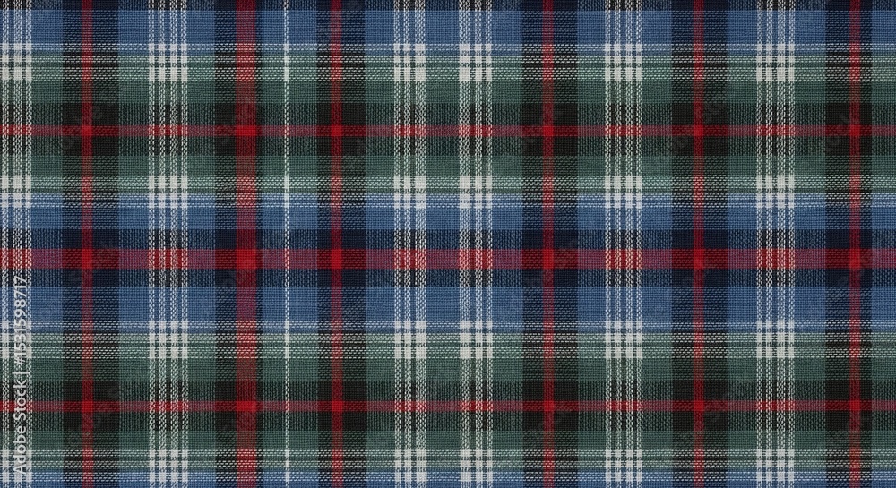 Blue, Green, Red, and White Plaid Fabric Background, Traditional Tartan Pattern Texture Blue, Green, Red, and White Plaid Fabric Background, Traditional Tartan Pattern Texture