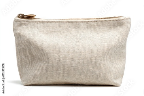 A beige canvas zippered pouch sits isolated casting a soft shadow on a white surface