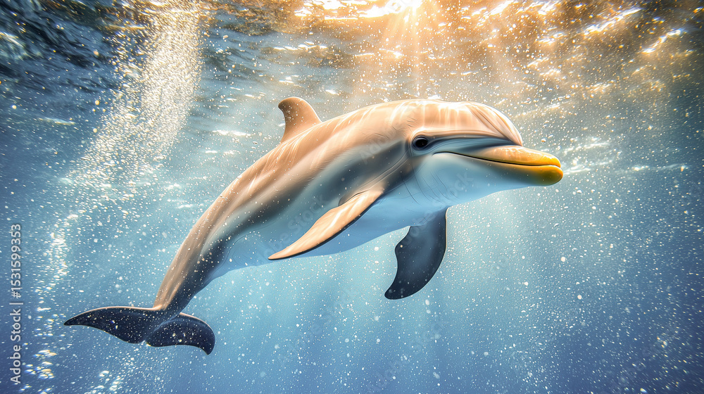 Obraz premium Pink river dolphin swims in sunlit water. Gentle and curious.A solitary boto glides through clear, bright water. Peaceful underwater scene.