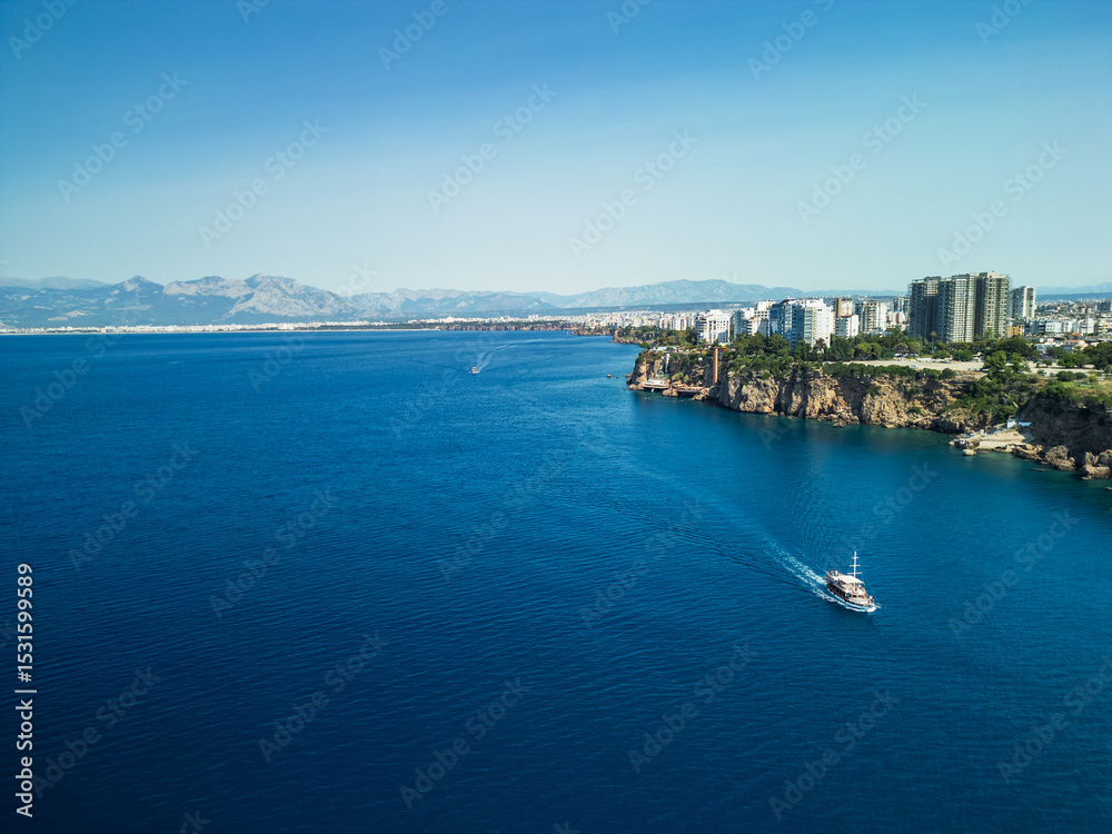Fototapeta premium boat sailing along anatolian coast - drone view in turkey