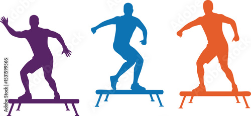 Three colorful silhouettes of skateboarders performing tricks on skateboards in dynamic poses vector illustration 