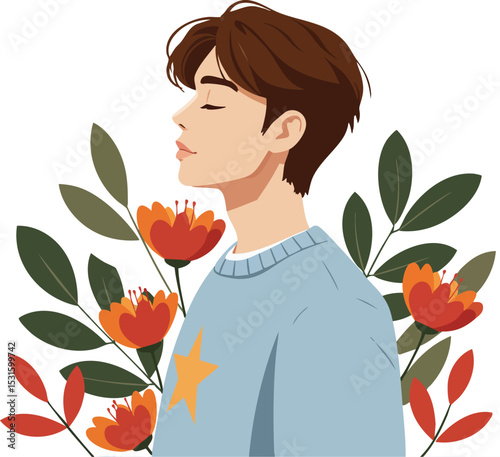 Young man in blue sweater with orange star surrounded by red and green floral leaves vector illustration peaceful profile view 