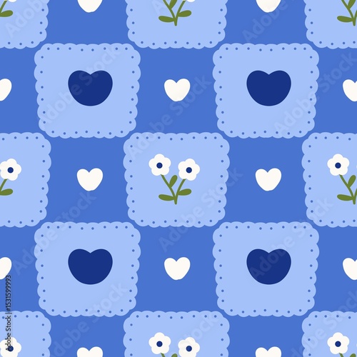 cute seamless pattern of flower on blue frame and blue hearts. Ideal for Valentine’s Day, father's day scrapbooking, wrapping paper, packaging, etc.