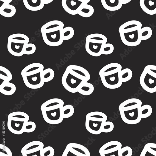 Adorable and kawaii seamless pattern of hand-drawn mug with heart on black background.