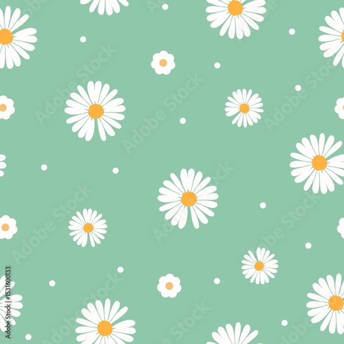 Cute daisy flower pattern on mint green background. Fun floral design perfect for fabric, wallpaper, stationery, gift wrap, and spring or summer themed projects.