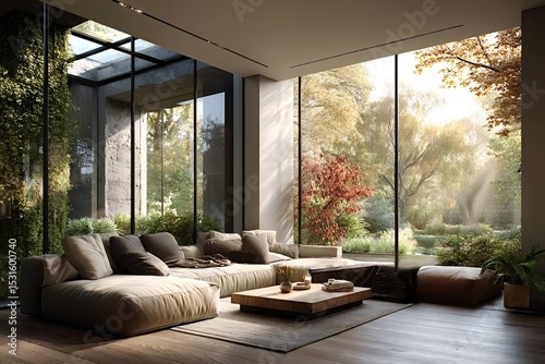 Modern living room overlooking lush autumn garden with sunlight streaming through large windows