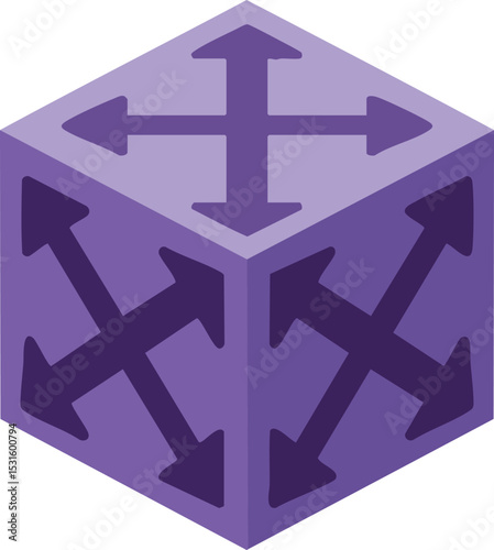 Purple cube with multidirectional arrows geometric shape vector illustration in isometric style for graphic design projects 