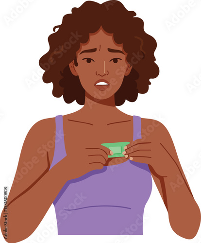 Woman with curly hair holding a condom in purple top promoting safe sex awareness and responsibility in health education vector illustration 