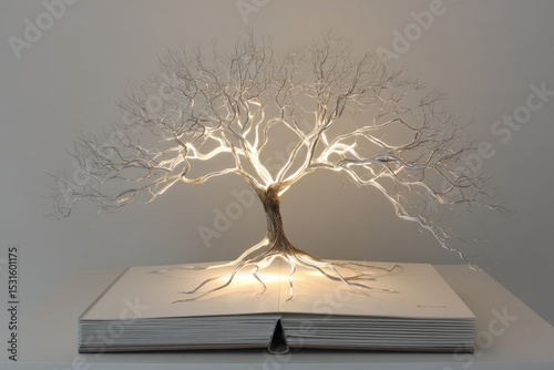 Illuminated, wire tree sculpture, book backdrop