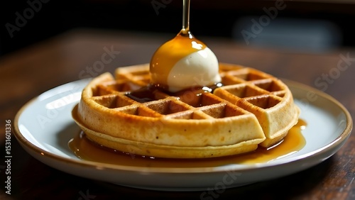 Delicious golden waffle topped with creamy ice cream and drizzled with syrup at a cozy breakfast spot