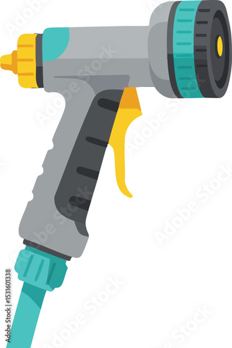 Garden hose spray nozzle with turquoise and yellow accents for watering plants and cleaning tasks vector illustration 