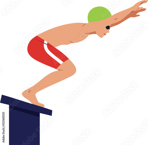 Male swimmer diving from starting block wearing green swim cap and red trunks vector illustration 