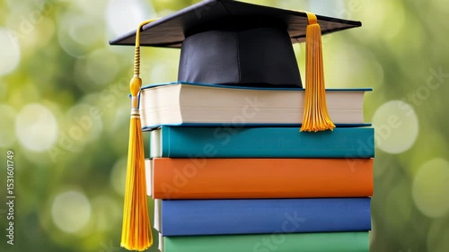 Graduation Cap on Books: A black graduation cap rests atop a stack of colorful textbooks, symbolizing the culmination of academic achievement and the pursuit of knowledge.