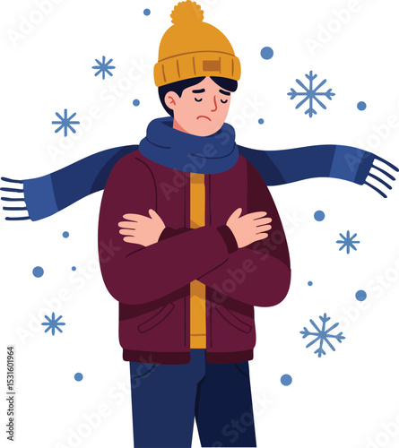 Cold man wearing winter clothes with yellow hat and blue scarf surrounded by snowflakes vector illustration 