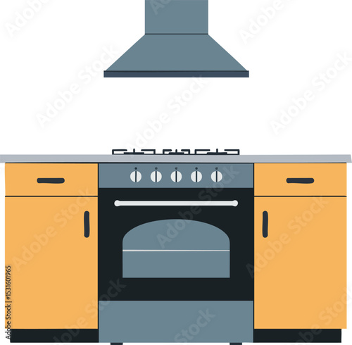 Modern kitchen stove with orange cabinets and gray range hood vector illustration for home cooking design 