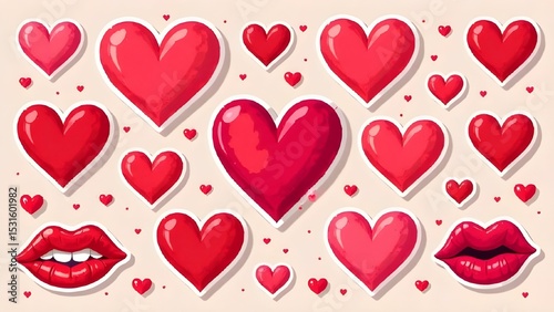 Colorful hearts and lips in various sizes creating a playful and romantic pattern for Valentine's Day celebrations
