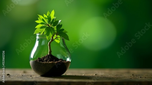 Growing plant in a glass vase on wooden surface surrounded by soft green background and natural light
