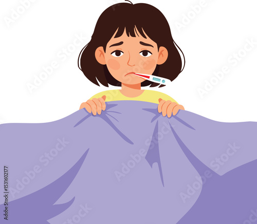 Sick girl lying in bed with thermometer feeling unwell and tired vector illustration 