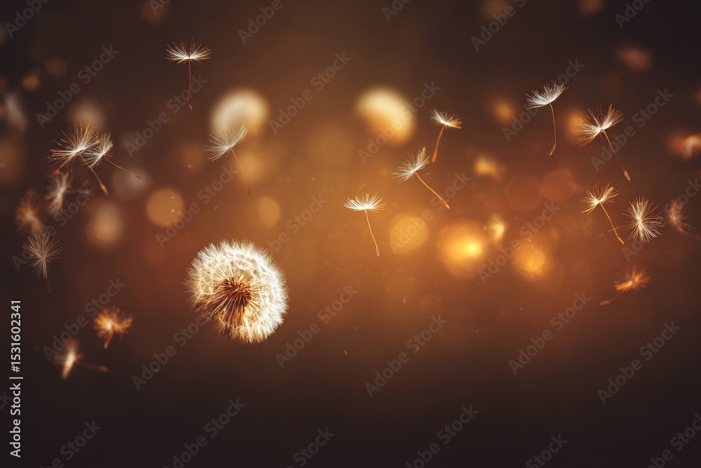 Obraz premium Dandelion seeds in flight, warm brown background