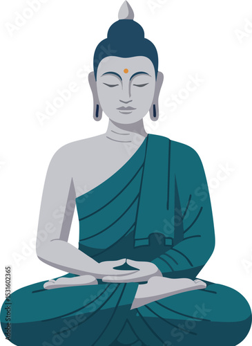 Meditating Buddha statue in serene posture with teal robe and calm expression vector illustration 