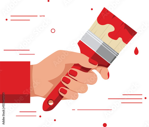 Hand Holding Red Paint Brush with Red Nail Polish and Dripping Paint Vector Illustration for Creative Design Projects