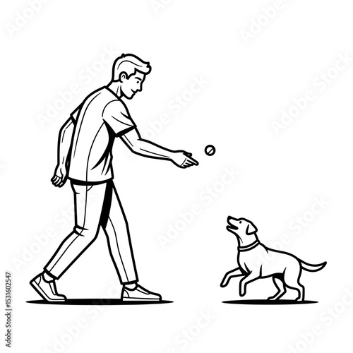 A man playing fetch with a dog in a simple line art style