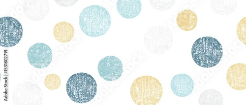 Scattered circles in soft blue, gray, and beige tones, textured with a hand-drawn effect, create a subtle and calming pattern on a white background