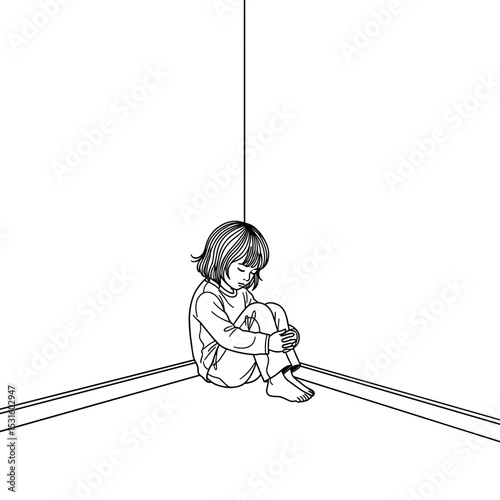 A sad child sitting in the corner of a room in a simple line art style