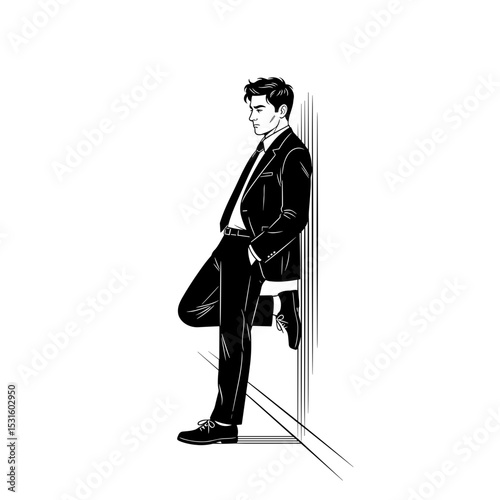 A stylish man leaning against a wall in a formal suit in a simple line art style

